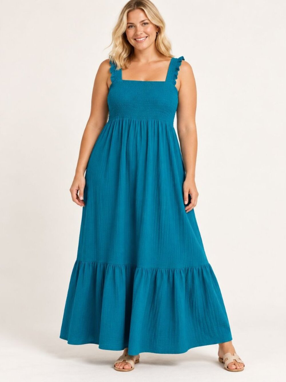 Soma Teal Smocked Maxi Dress L Ruffle Strap Cottagecore Boho Coastal